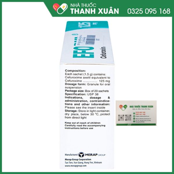 Efodyl 125 trị nhiễm khuẩn thể nhẹ đến vừa (20 gói x 1,5g)